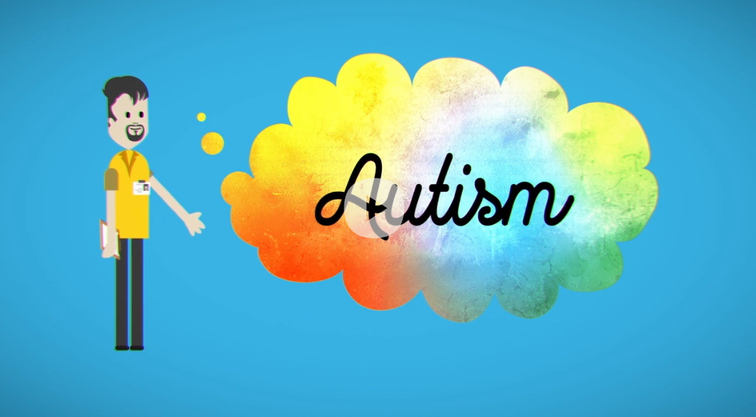 Animated figure standing next to colourful speech bubble which contains the word: autism.