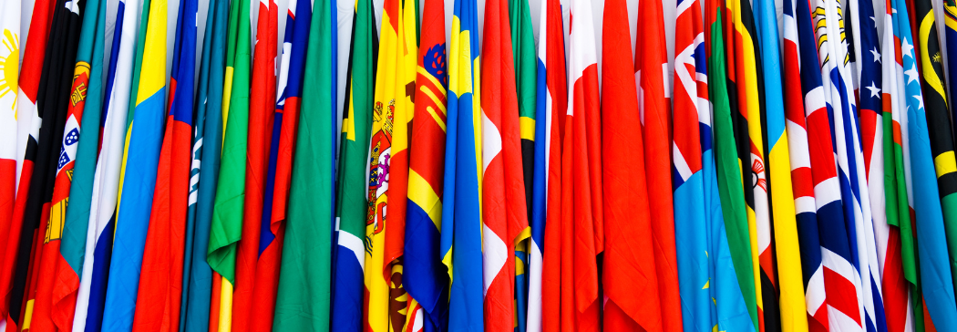 A row of international flags.