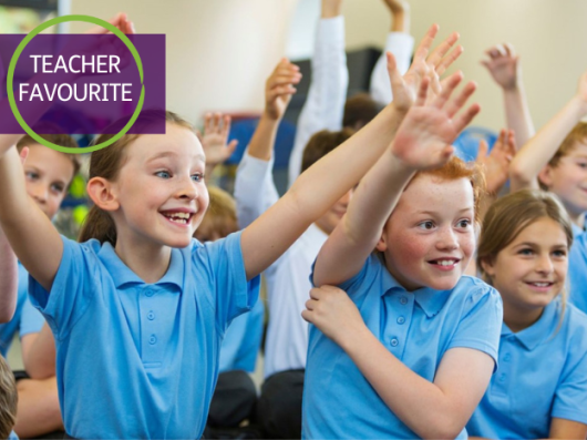 A group of children sit with their hands in the air. They are smiling and looking ahead. A graphic in the top left reads: Teacher Favourite.